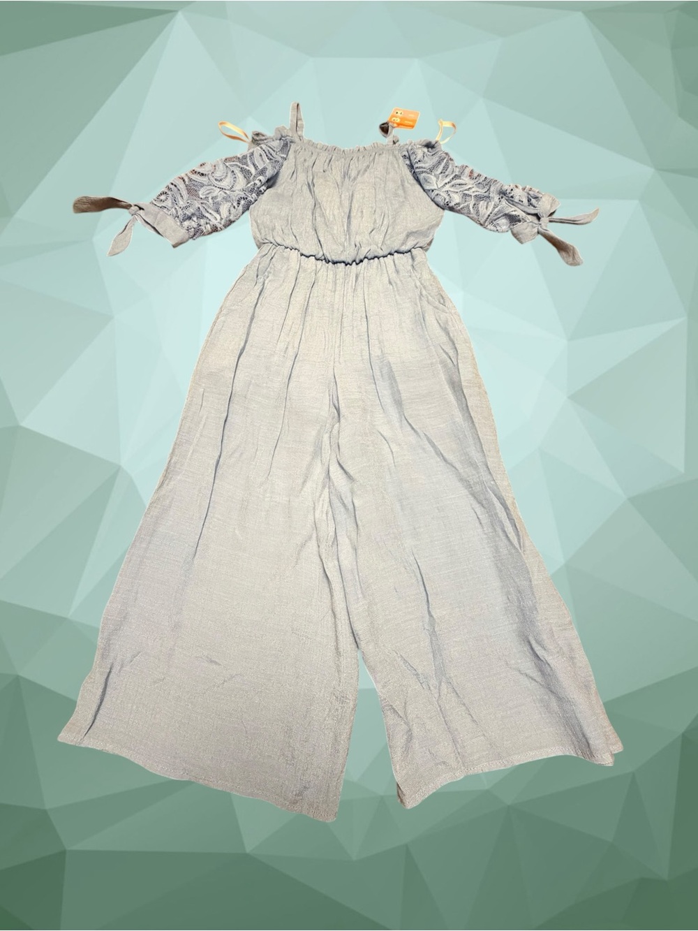 Ally B Light Blue Cold-Shoulder Wide-Leg Jumpsuit with Tie Sleeves Girls Size S